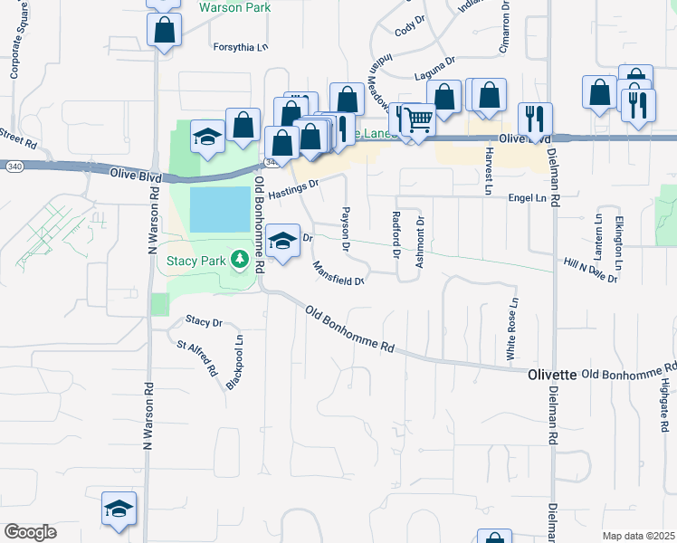map of restaurants, bars, coffee shops, grocery stores, and more near 9714 Mansfield Drive in Olivette