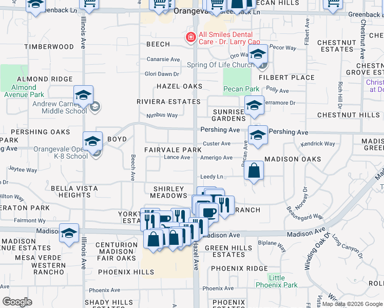 map of restaurants, bars, coffee shops, grocery stores, and more near 5624 Hazel Avenue in Orangevale
