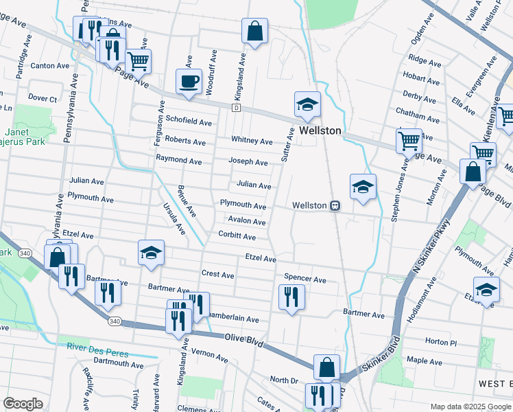 map of restaurants, bars, coffee shops, grocery stores, and more near 6516 Plymouth Avenue in University City