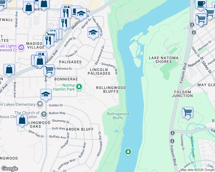 map of restaurants, bars, coffee shops, grocery stores, and more near 5705 Ashbrook Lane in Orangevale
