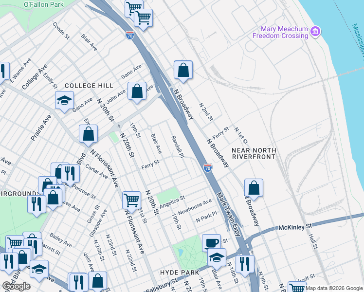 map of restaurants, bars, coffee shops, grocery stores, and more near 4300 Randall Place in St. Louis