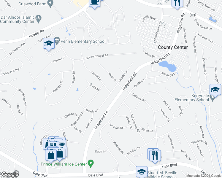 map of restaurants, bars, coffee shops, grocery stores, and more near 13081 Qualls Lane in Woodbridge