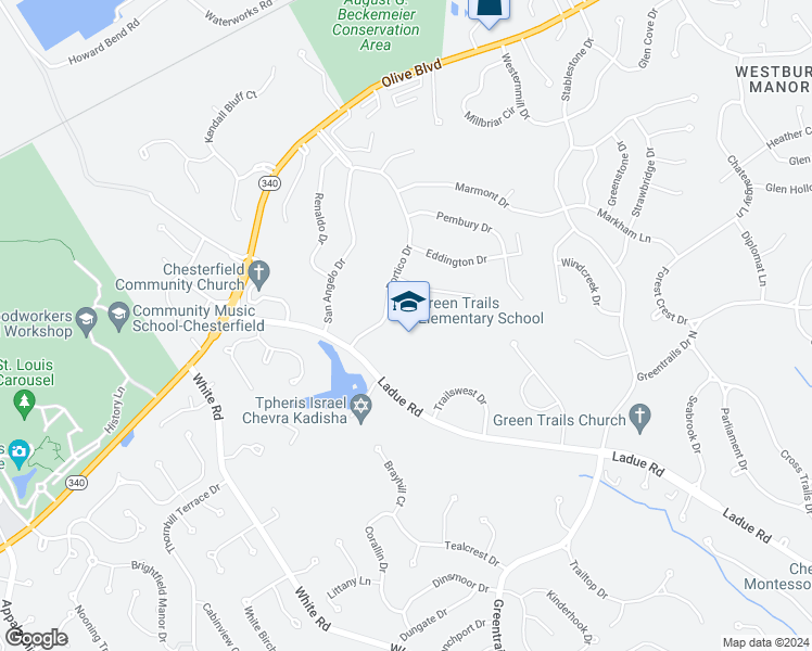 map of restaurants, bars, coffee shops, grocery stores, and more near 170 Portico Drive in Chesterfield