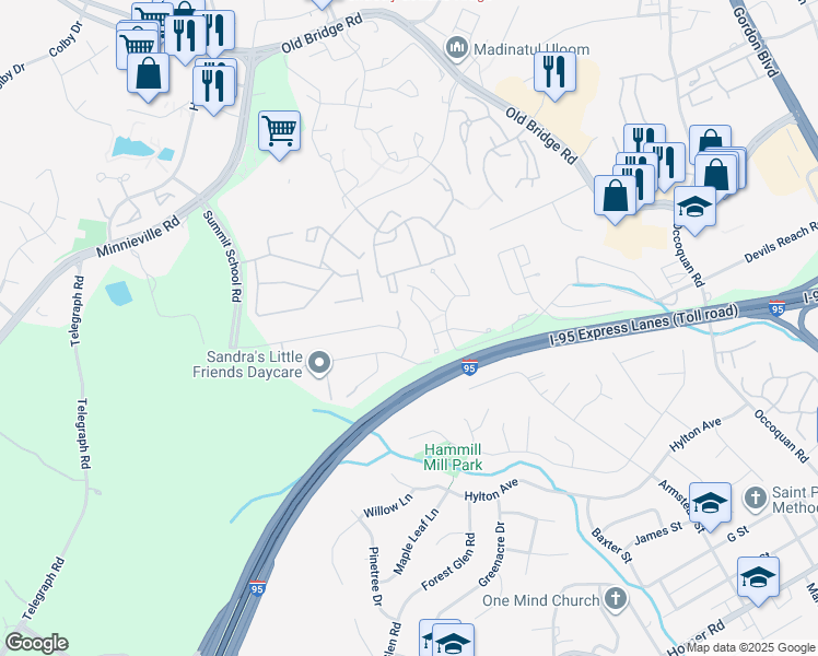 map of restaurants, bars, coffee shops, grocery stores, and more near 13209 Kinnicutt Dr in Woodbridge