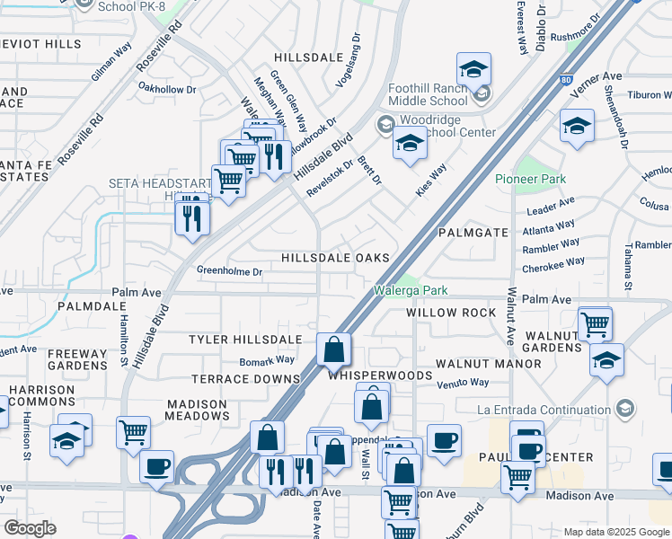 map of restaurants, bars, coffee shops, grocery stores, and more near 5600 Walerga Road in Sacramento