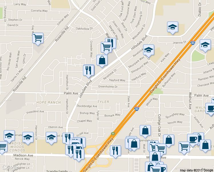 map of restaurants, bars, coffee shops, grocery stores, and more near 4505 Palm Avenue in Sacramento
