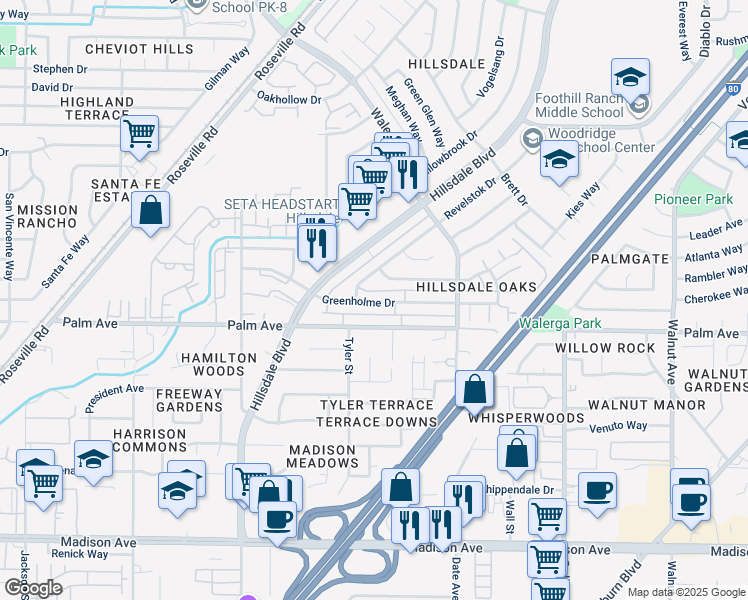 map of restaurants, bars, coffee shops, grocery stores, and more near 4505 Palm Avenue in Sacramento