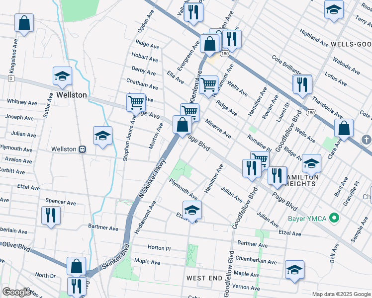 map of restaurants, bars, coffee shops, grocery stores, and more near 5979A Julian Avenue in St. Louis