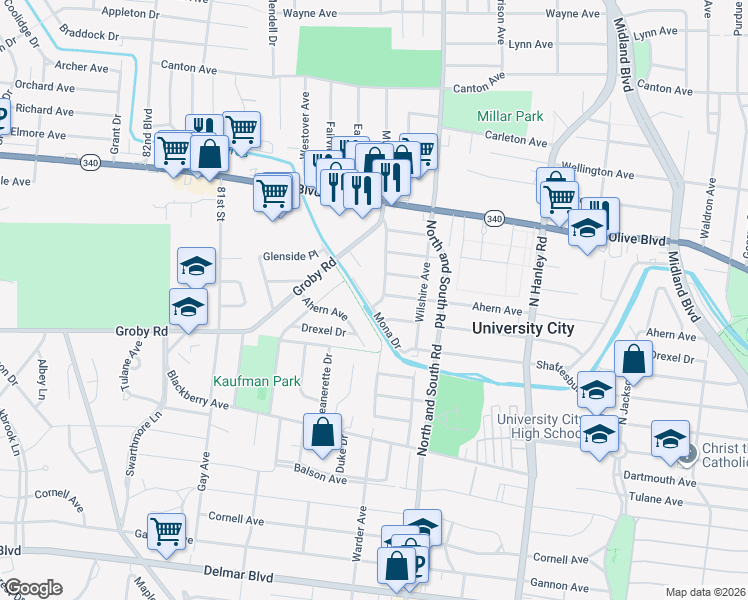 map of restaurants, bars, coffee shops, grocery stores, and more near 1101 Mona Drive in University City
