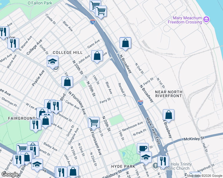 map of restaurants, bars, coffee shops, grocery stores, and more near 4300 Blair Avenue in St. Louis