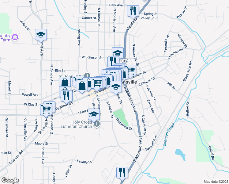 map of restaurants, bars, coffee shops, grocery stores, and more near 125 South Center Street in Collinsville