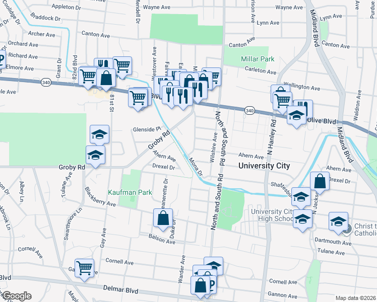 map of restaurants, bars, coffee shops, grocery stores, and more near 1101 Mona Drive in University City