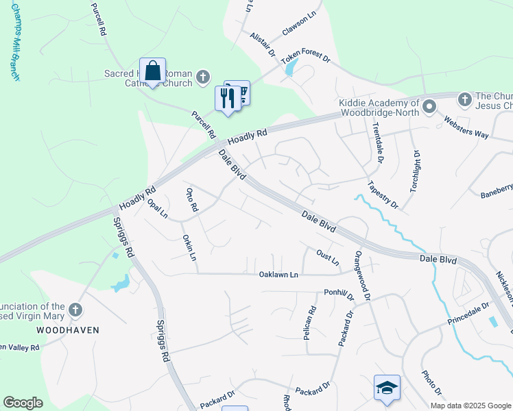 map of restaurants, bars, coffee shops, grocery stores, and more near 6237 Oscar Court in Woodbridge