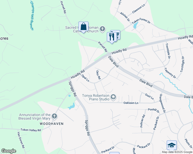map of restaurants, bars, coffee shops, grocery stores, and more near 13120 Otto Road in Woodbridge