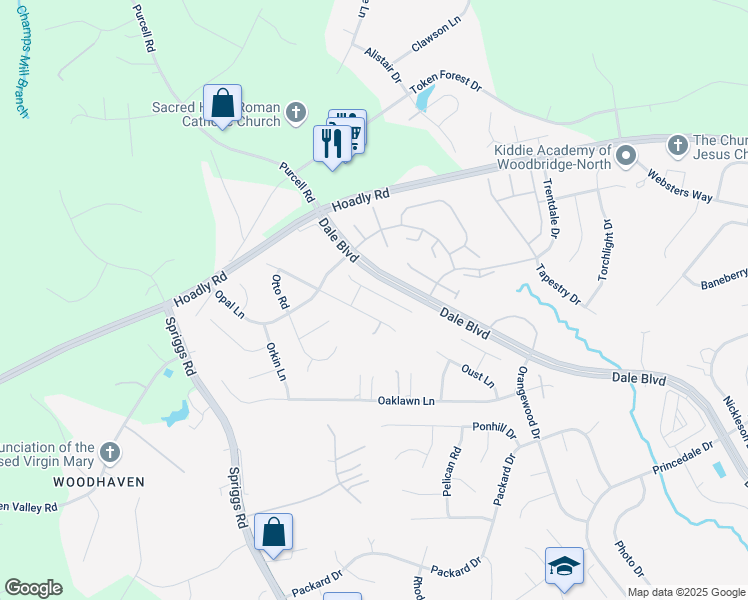 map of restaurants, bars, coffee shops, grocery stores, and more near 6237 Oscar Ct in Woodbridge