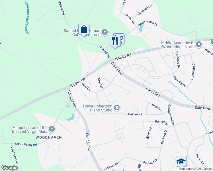 map of restaurants, bars, coffee shops, grocery stores, and more near 13118 Opal Lane in Woodbridge
