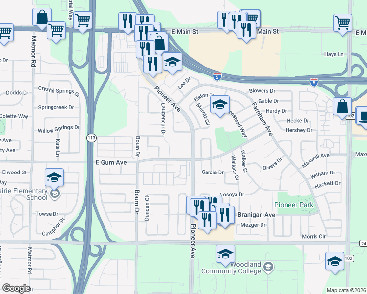 map of restaurants, bars, coffee shops, grocery stores, and more near 850 Pioneer Avenue in Woodland