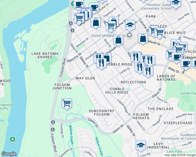 map of restaurants, bars, coffee shops, grocery stores, and more near 855 Holley Court in Folsom