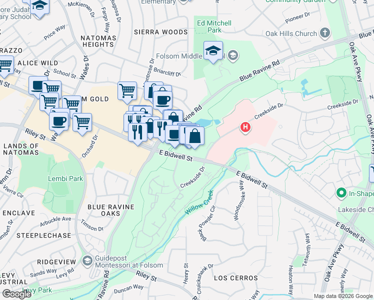 map of restaurants, bars, coffee shops, grocery stores, and more near 1300 East Bidwell Street in Folsom