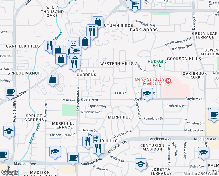map of restaurants, bars, coffee shops, grocery stores, and more near 6094 Vía Casitas in Carmichael