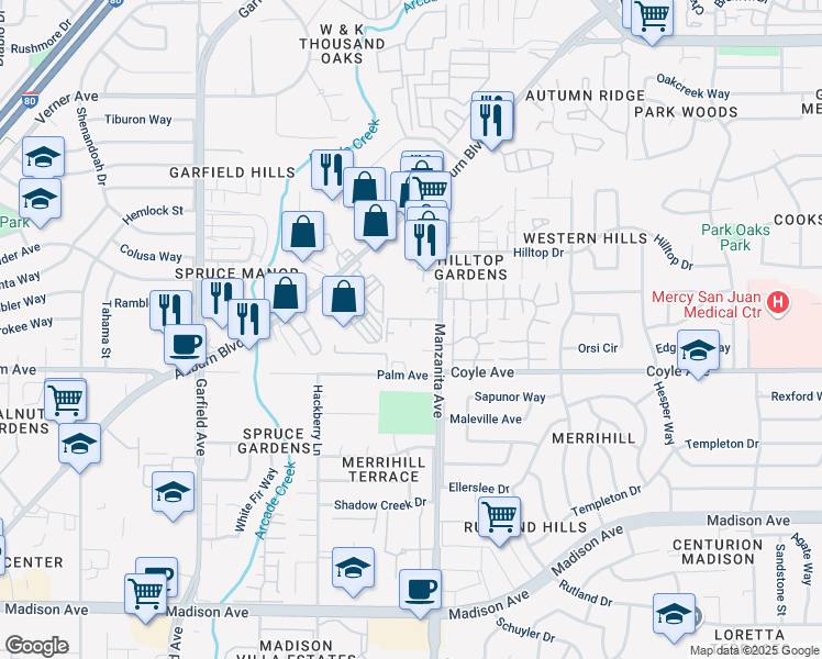 map of restaurants, bars, coffee shops, grocery stores, and more near 5701 Manzanita Avenue in Carmichael