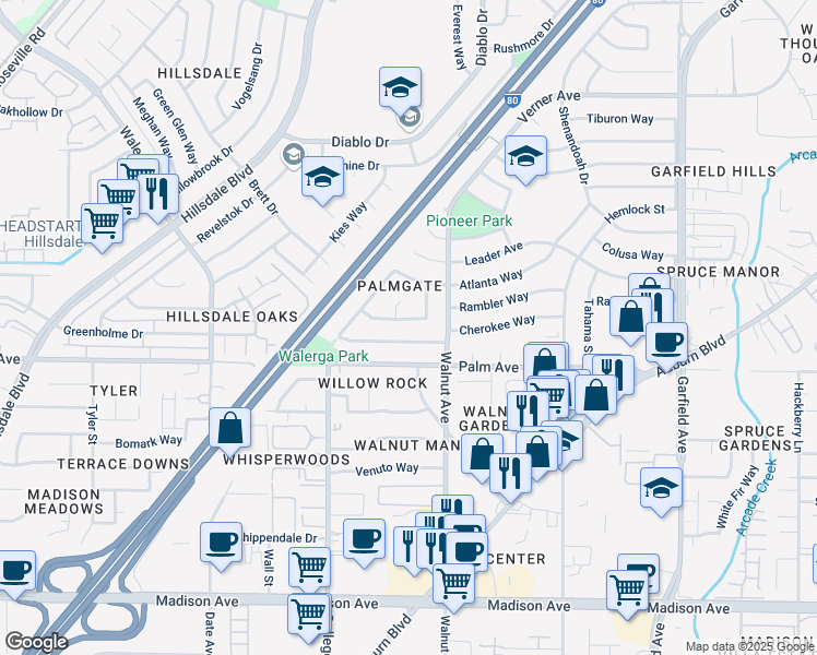 map of restaurants, bars, coffee shops, grocery stores, and more near 5039 Timbercreek Way in Sacramento