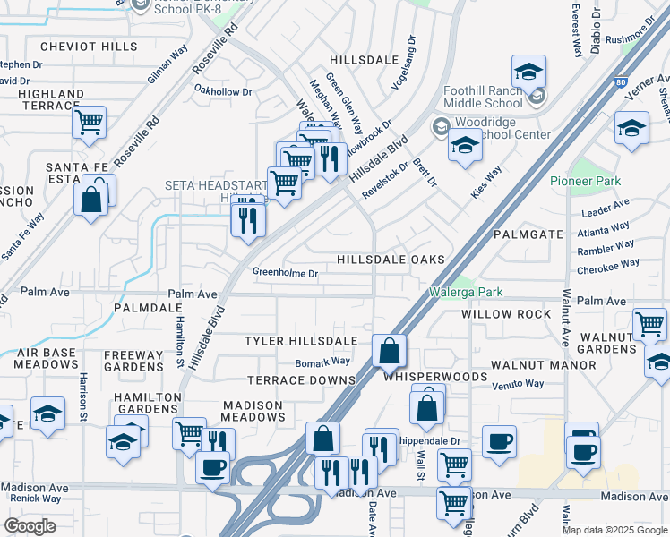 map of restaurants, bars, coffee shops, grocery stores, and more near 4519 Hayford Way in Sacramento