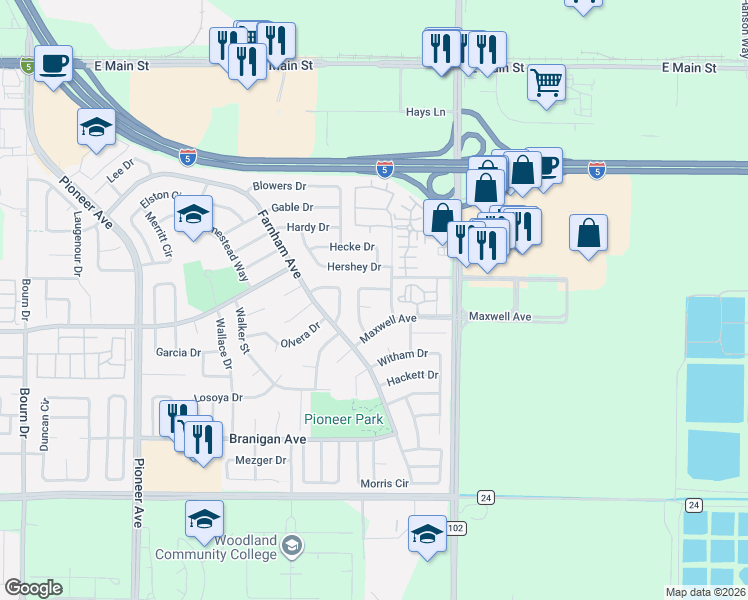 map of restaurants, bars, coffee shops, grocery stores, and more near 856 Browning Circle in Woodland