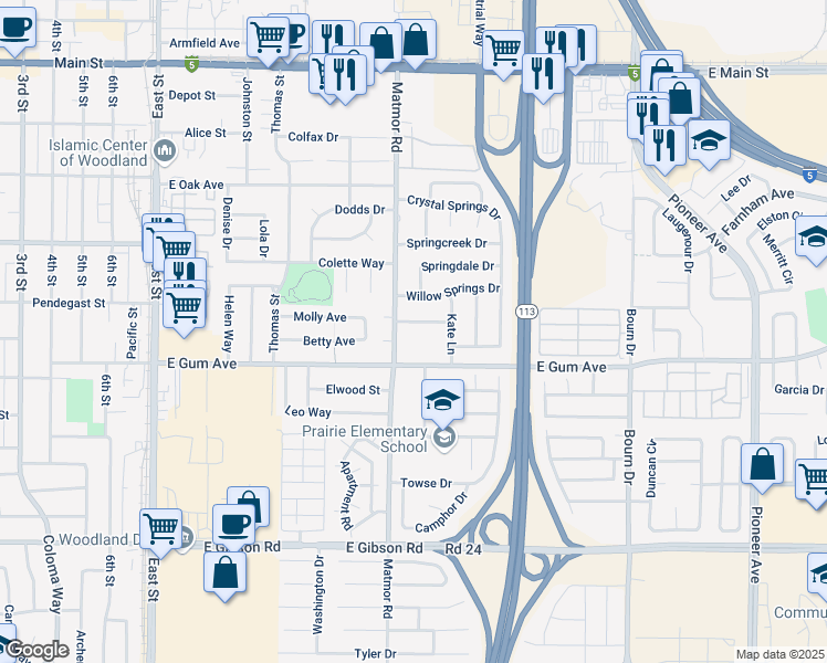 map of restaurants, bars, coffee shops, grocery stores, and more near 1418 Willow Springs Drive in Woodland