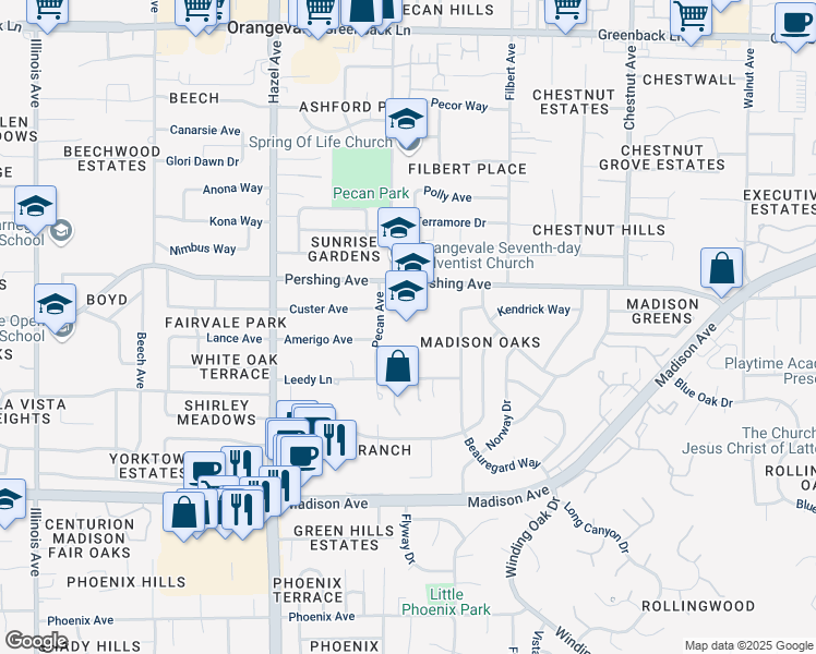 map of restaurants, bars, coffee shops, grocery stores, and more near 9010 Pershing Avenue in Orangevale