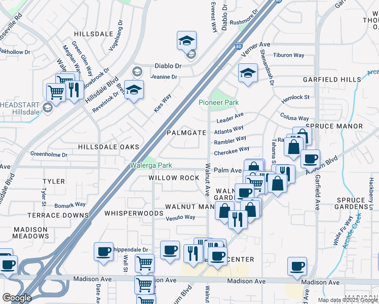 map of restaurants, bars, coffee shops, grocery stores, and more near 5039 Timbercreek Way in Sacramento