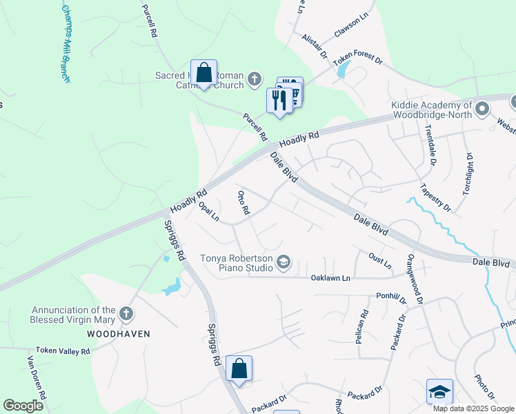 map of restaurants, bars, coffee shops, grocery stores, and more near 13118 Opal Lane in Woodbridge
