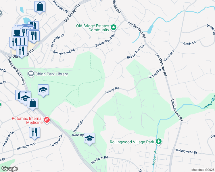 map of restaurants, bars, coffee shops, grocery stores, and more near 3700 Russell Road in Woodbridge