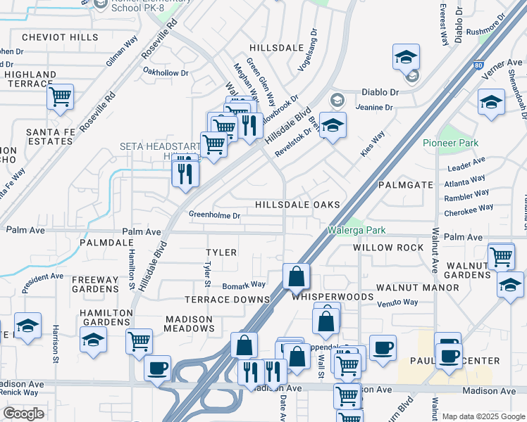 map of restaurants, bars, coffee shops, grocery stores, and more near 4601 Greenholme Drive in Sacramento
