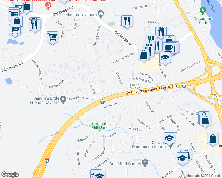 map of restaurants, bars, coffee shops, grocery stores, and more near 1761 Rochelle Court in Woodbridge