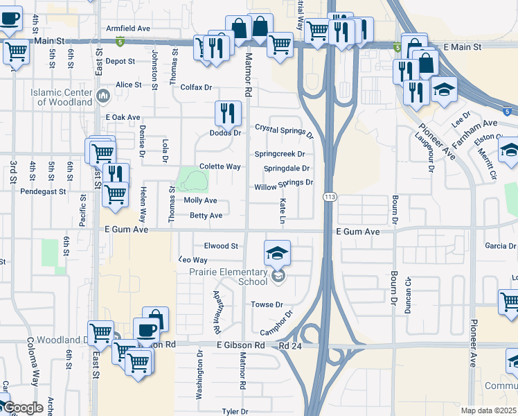 map of restaurants, bars, coffee shops, grocery stores, and more near 1418 Willow Springs Drive in Woodland
