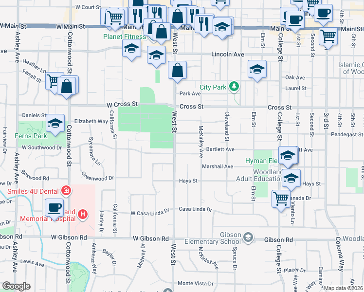 map of restaurants, bars, coffee shops, grocery stores, and more near 10 Pendegast Street in Woodland