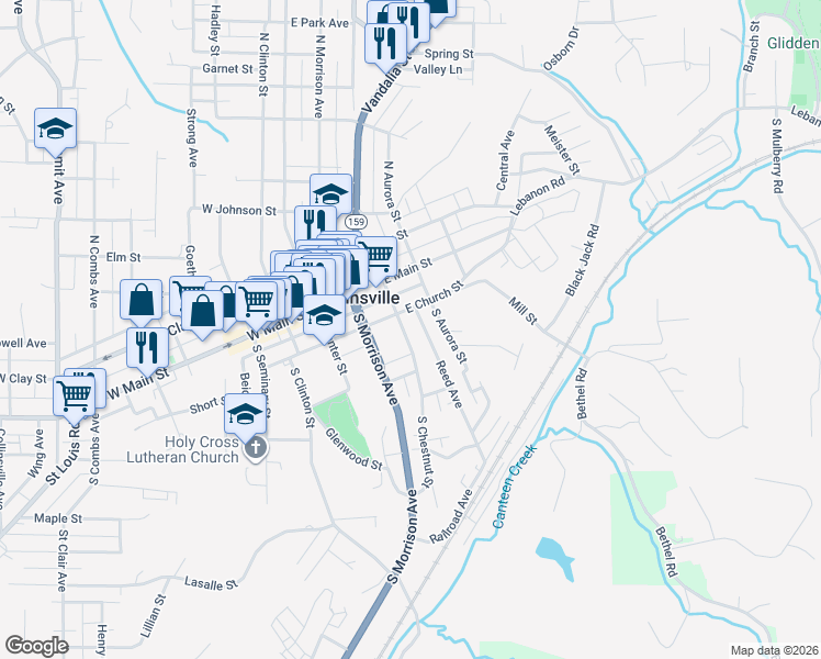 map of restaurants, bars, coffee shops, grocery stores, and more near 400 East Church Street in Collinsville