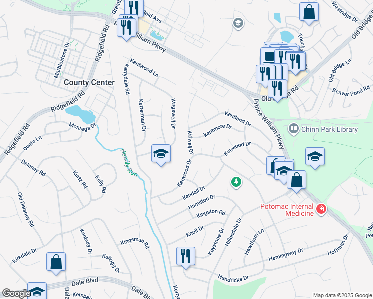 map of restaurants, bars, coffee shops, grocery stores, and more near 13014 Kidwell Drive in Woodbridge