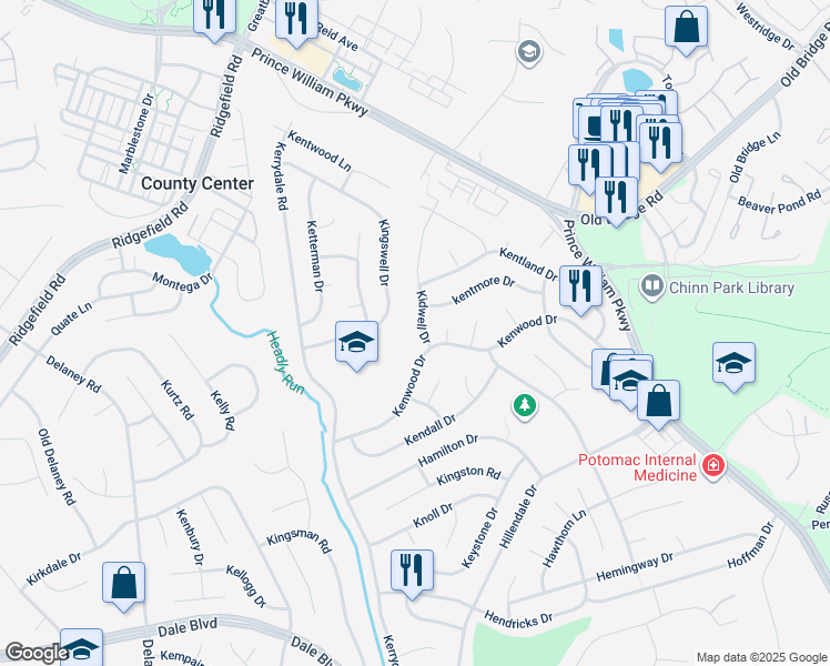 map of restaurants, bars, coffee shops, grocery stores, and more near 13014 Kidwell Drive in Woodbridge