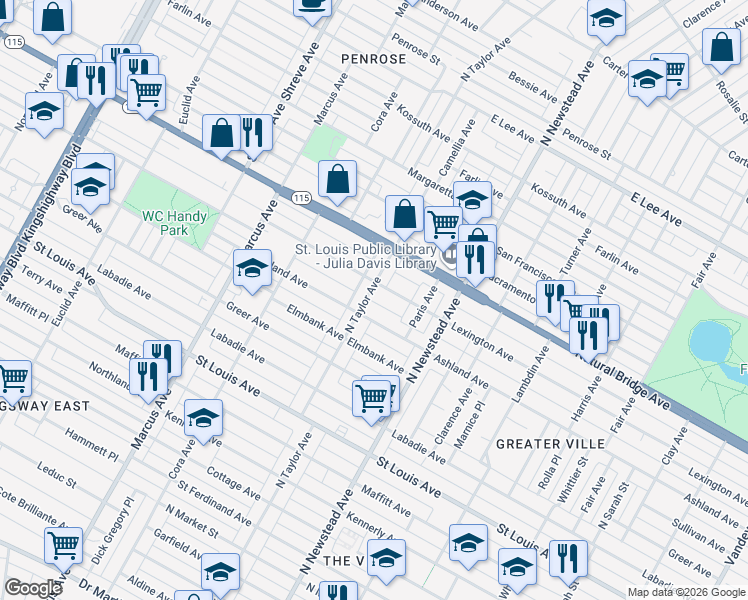map of restaurants, bars, coffee shops, grocery stores, and more near 3602 North Taylor Avenue in St. Louis