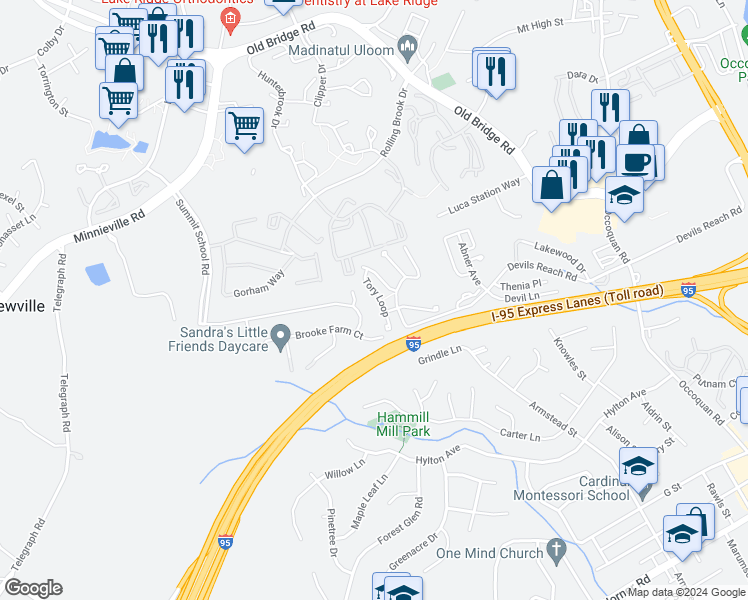 map of restaurants, bars, coffee shops, grocery stores, and more near 13142 Tory Loop in Woodbridge