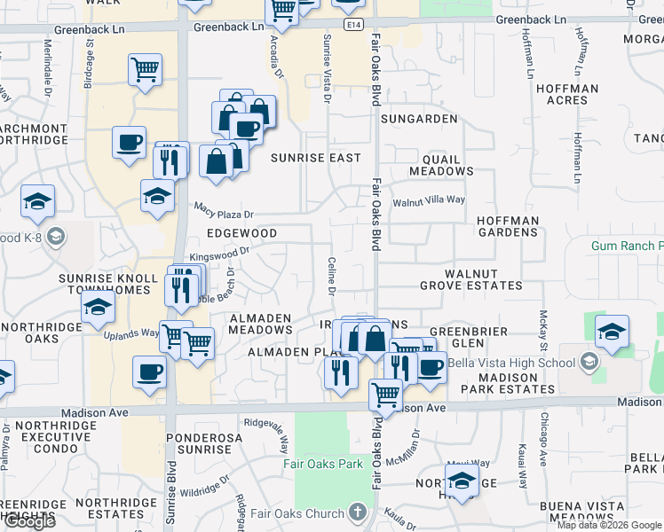 map of restaurants, bars, coffee shops, grocery stores, and more near 5640 Celine Drive in Citrus Heights