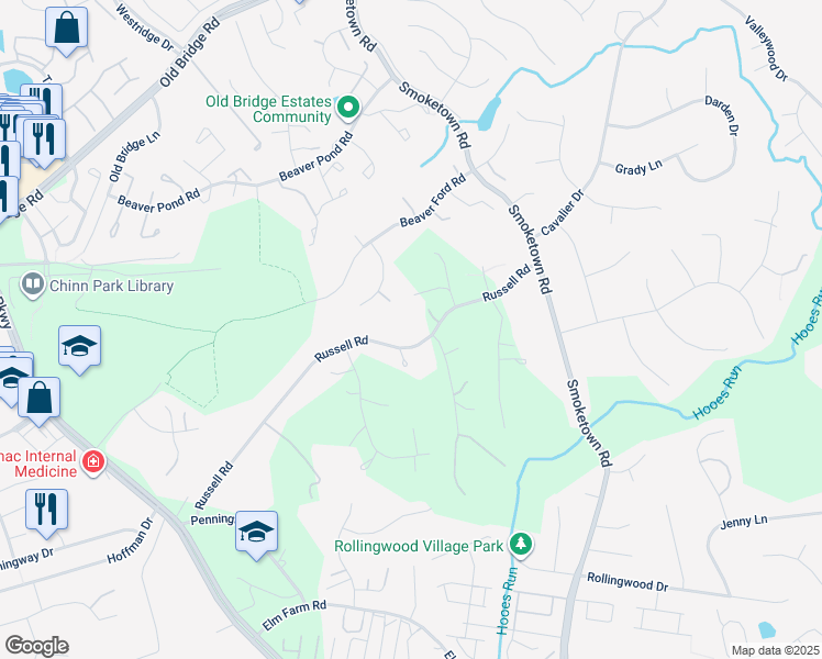 map of restaurants, bars, coffee shops, grocery stores, and more near 3688 Russell Road in Woodbridge