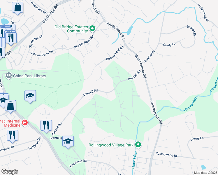 map of restaurants, bars, coffee shops, grocery stores, and more near 3688 Russell Road in Woodbridge