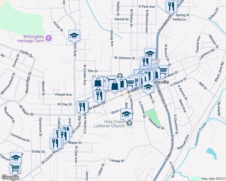 map of restaurants, bars, coffee shops, grocery stores, and more near 203 Goethe Avenue in Collinsville