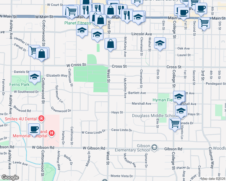 map of restaurants, bars, coffee shops, grocery stores, and more near 10 Pendegast Street in Woodland
