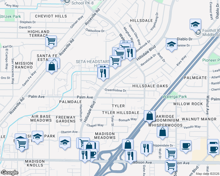 map of restaurants, bars, coffee shops, grocery stores, and more near 4415 Greenholme Drive in Sacramento