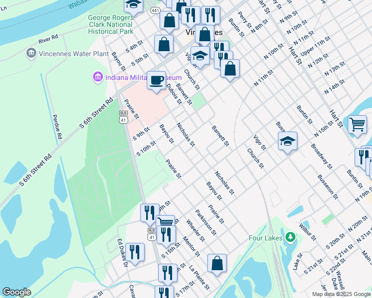 map of restaurants, bars, coffee shops, grocery stores, and more near 1112 Nicholas Street in Vincennes