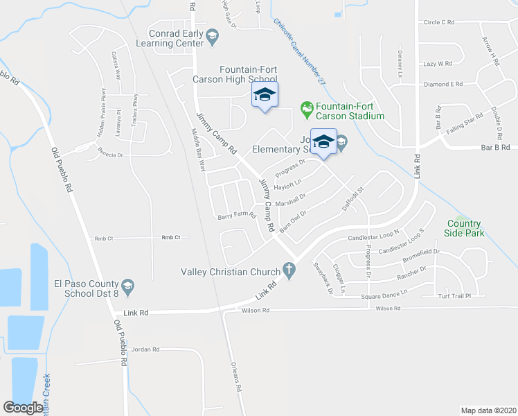 map of restaurants, bars, coffee shops, grocery stores, and more near 7647 Marshall Drive in Fountain